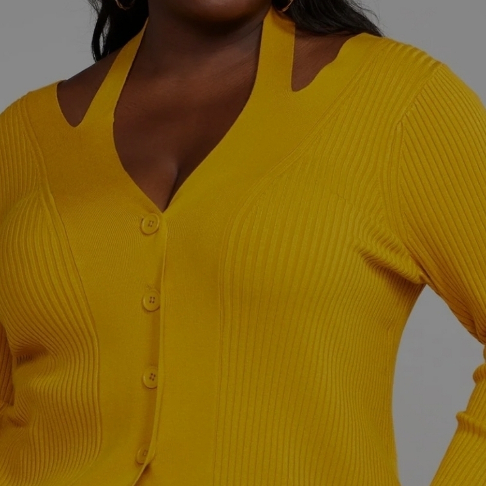 Boho 2X Golden Yellow Ribbed Knit Spring Button Stretch Front Sweater New - Picture 2 of 6